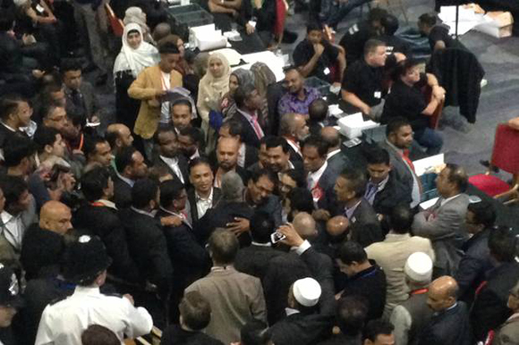 A scene during the Tower Hamlets, London, election “count.”
