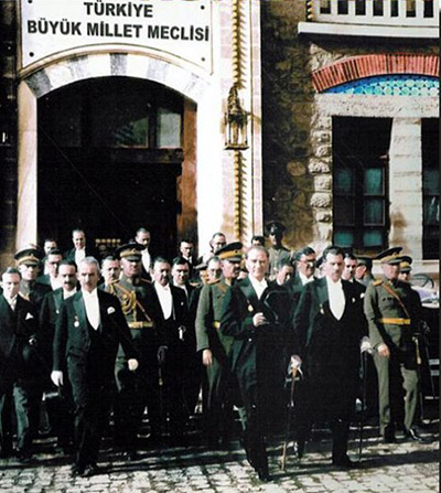 Atatürk (center), with members of the Turkish parliament, 1930.